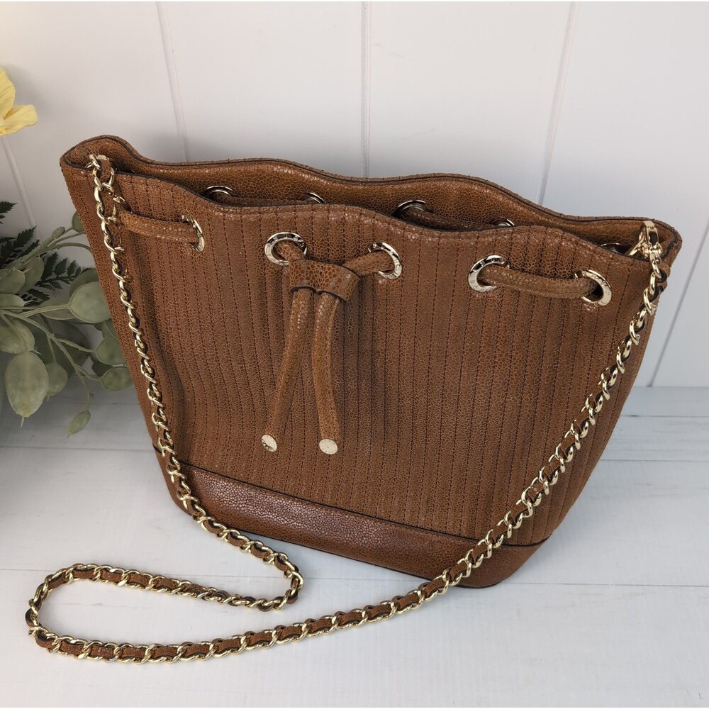 Henri Bendel No. 7 Drawstring Bucket Bag Cognac Brown Suede Gold Chain Strap